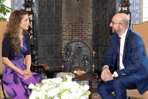 With Queen Rania of Jordan as part of a working visit about the Syrian refugee crisis and ahead of the international conference taking place in London on 4 February.